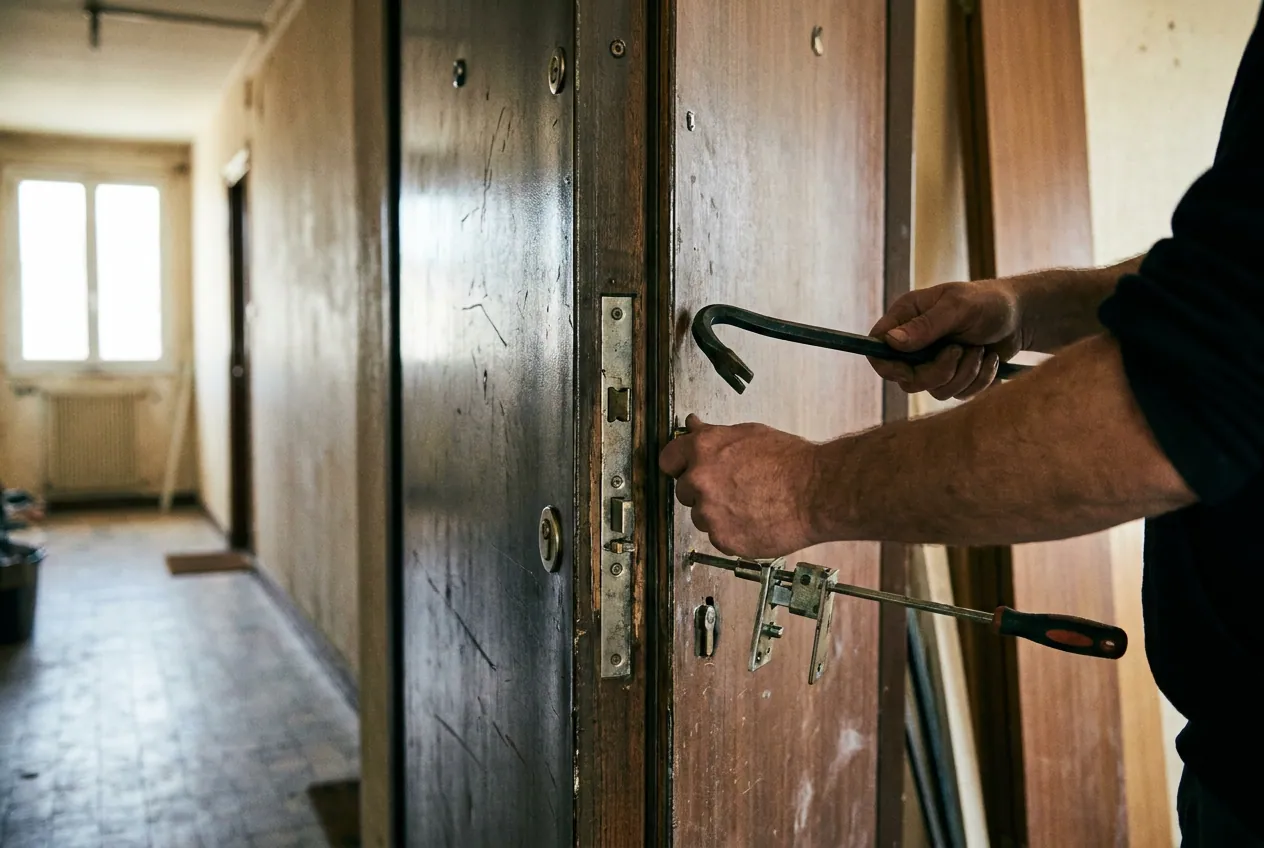 Porte d'entrée d'appartement renforcée avec serrure multipoints dans un immeuble de Montreuil