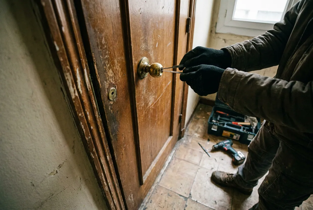 Porte d'entrée claquée dans le hall d'un immeuble du Bas-Montreuil, poignée sans clé